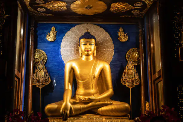 Budhha golden statue isolated in details image is taken at mahabodhi temple bodh gaya bihar india. it is the enlightened place of Grate budha and very religious for buddhist.
